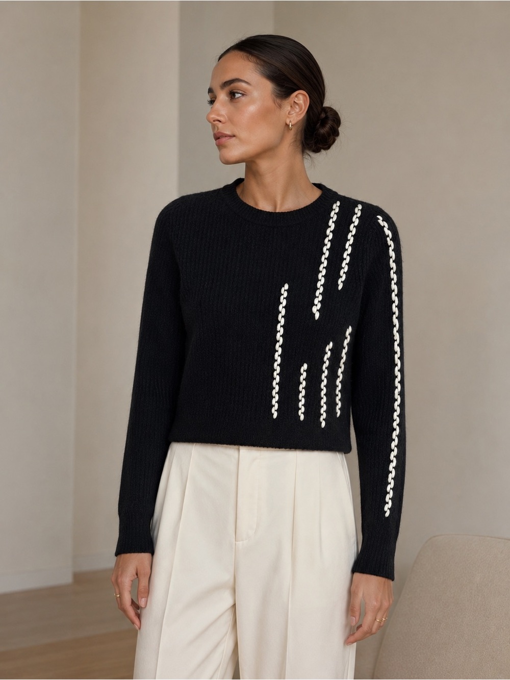 Neiman Marcus 100% Cashmere Black Sweater with White Embroidered Detail Small